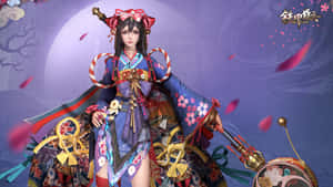 身穿藍色花卉和服的動漫戰士，在紫色月亮下手持裝飾性武器。 — 現代戰爭 壁紙