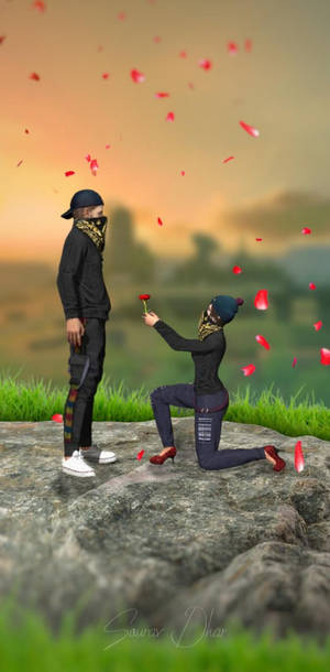 在花瓣於夕陽中飄落時，一人跪著用玫瑰求婚。 — Free Fire 嘻哈 壁紙