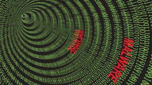 一個由綠色二進制代碼組成的數位隧道，帶有紅色惡意軟體文字，警告網路威脅。 — 網路安全 壁紙