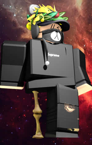Roblox 角色戴著樹葉皇冠和 Supreme 襯衫，背景是色彩繽紛的太空。 — 電玩遊戲 GIF 壁紙