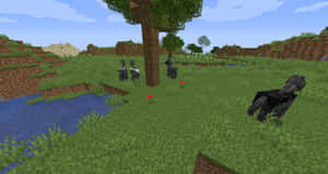 馬匹在Minecraft的草地上靠近樹木和河流吃草。 — 可愛 Minecraft 壁紙