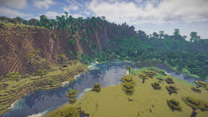 Minecraft景觀，有山丘、森林和河流，天空多雲 — 我的世界苦力怕 壁紙