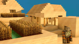 日落時分，Minecraft村民靠近石屋和玉米田。 — 可愛 Minecraft 壁紙