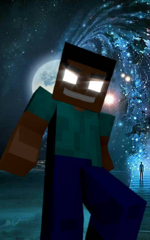 Minecraft角色眼睛發光，站在滿月下的宇宙漩渦前。 — 電玩遊戲 GIF 壁紙