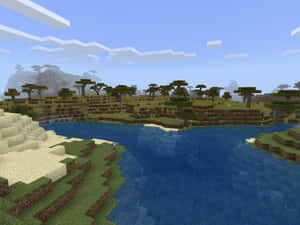 Minecraft風景，有河流和樹木，天空晴朗 — 我的世界 壁紙