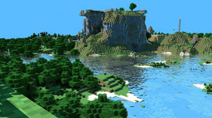 Minecraft世界，有森林、河流和懸崖，在藍天下 — 丘陵景觀 壁紙
