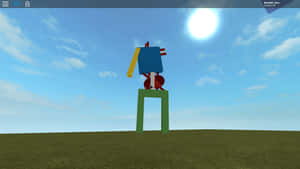 方塊機器人站在綠色基座上，在明亮的太陽下 — 酷炫 Roblox 壁紙