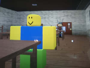方塊狀遊戲頭像坐在磚牆房間的木桌旁。 — 酷炫 Roblox 壁紙