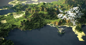 漂浮在方塊島嶼上的Minecraft豪宅，有山和水。 — 夢幻 GIF 壁紙