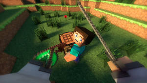 Minecraft玩家在草地方塊世界中手持劍和盾牌 — 我的世界 壁紙