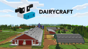 Minecraft乳牛場，有紅色穀倉、綠色田野和漂浮的牛標誌。 — 我的世界 壁紙