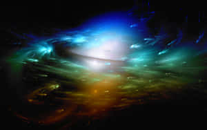 在深空中帶有旋轉的藍色、綠色和橙色雲朵的鮮豔宇宙星雲。 — 太空船 壁紙
