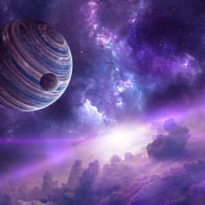 一個條紋行星與一顆衛星漂浮在發光宇宙天空中的紫色雲層之上。 — 太空 iPhone 壁紙