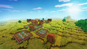 一個Minecraft村莊，在陽光明媚的天空下，草地上有農場和房屋。 — 我的世界 壁紙
