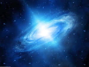 一個明亮的藍色螺旋星系，在深空中被無數星星環繞。 — 星際效應 壁紙