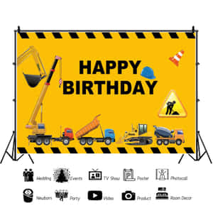 建築車輛生日背景，附有 'Happy Birthday' 文字。 — 1:1 壁紙
