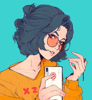 動漫女孩，捲髮和橙色眼鏡，用手機自拍。 — 榮耀Magic V Flip 2 壁紙