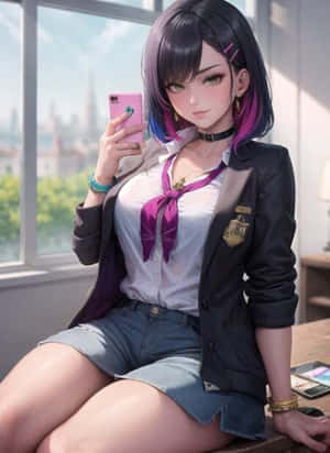 穿著校服的動漫女孩在室內靠近窗戶自拍。 — Kindle 壁紙