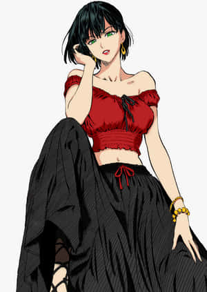 黑髮綠眼的動漫女孩，穿著紅色上衣和黑色裙子。 — 火焰與冰 壁紙