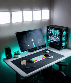 現代遊戲桌，配備RGB鍵盤、發光PC和宇宙顯示器。 — 小米 Mix Flip 2 壁紙