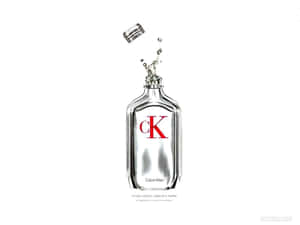 銀色 Calvin Klein 香水瓶，帶有紅色標誌和飛走的瓶蓋，液體飛濺。 — 卡文克萊 壁紙