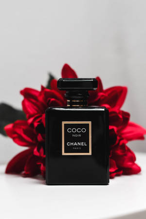 黑色 Chanel Coco Noir 香水瓶，後面有紅色花朵，放在白色表面上。 — 香奈兒 壁紙