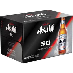Asahi Super Dry 啤酒包裝，帶有冰凍瓶子和醒目品牌標識。 — 日本 壁紙