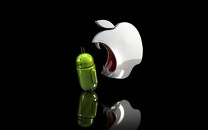 綠色Android機器人面向正在打呵欠的Apple標誌，位於黑色反光表面。 — Bugatti iPhone 壁紙