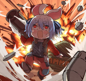 有兔耳的動漫女孩在火熱爆炸中發射大砲。 — 藝術 壁紙