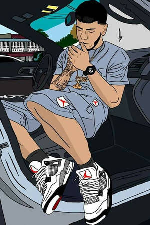 有刺青的年輕男子坐在車裡，穿著Jordan運動鞋和灰色服裝。 — 安努埃爾 壁紙