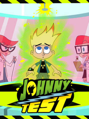 Johnny Test 卡通角色在實驗室中，有綠色能量，兩邊有兩位科學家。 — 2048x2732 壁紙