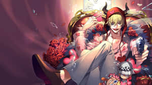 有惡魔角的動漫角色懶洋洋地拿著玫瑰和槍。 — 海盜 壁紙