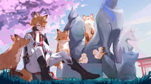 有狐狸耳朵的動漫男孩，在櫻花下被狐狸和鳥兒包圍。 — 5120x2880 壁紙