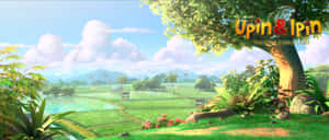 一個有綠色田野和樹木的遊戲 — Upin Ipin 壁紙