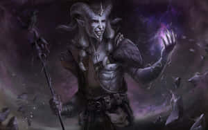 一個有角和法杖的惡魔般人物在風暴般的宇宙場景中引導魔法能量。 — 城堡動畫 壁紙