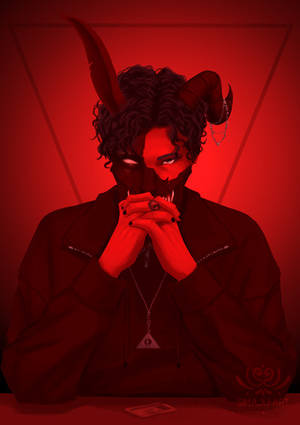 一個有角和發光眼睛的惡魔般的人物坐在紅光照亮的房間裡，雙手合十。 — 死亡騎士 壁紙