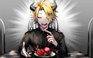 有角的動漫惡魔吃石榴並喝血。 — 可愛 壁紙