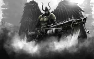 一個有翼有角的惡魔戰士在風暴黑暗場景中手持重型武器。 — 死亡 壁紙