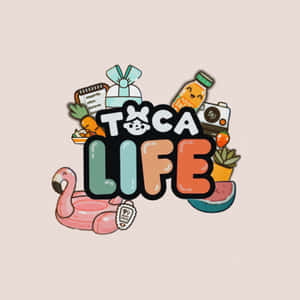 Toca Life標誌，帶有卡通物品，如火烈鳥浮圈和相機。 — 托卡生活 壁紙