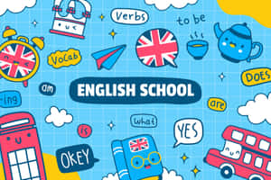 英語學校學習主題，帶有卡通英國圖標和詞彙單詞。 — 黑板 壁紙