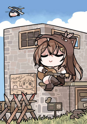 戴鹿帽的動漫女孩在石建築物彈吉他，上面有飛行的角色。 — 插畫 壁紙
