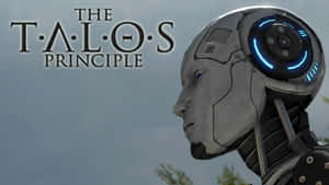 一個機器頭部，帶有發光的藍色眼睛，在陰天的天空下，顯示「The Talos Principle」標題。 — 電玩遊戲 GIF 壁紙