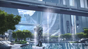 未來主義城市廣場，有雕像噴泉和綠樹，天空明亮 — 質量效應 壁紙