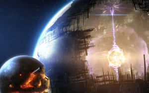 未來城市從行星升起，帶有發光能量球體 — 最後一戰：無限 4K 壁紙