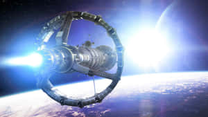 未來主義太空站繞地球運行，帶有發光引擎和星空。 — 太空船 壁紙