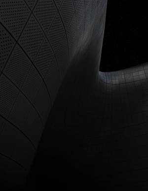 在繁星點點的夜空下，帶有網格和點狀圖案的彎曲金屬結構 — 深色模式 壁紙