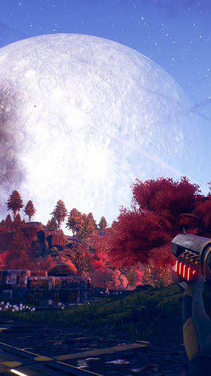 外星景觀，紅色樹木和未來主義建築在巨型月亮下。 — 天外世界 壁紙