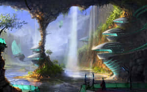 洞穴中未來主義的發光結構，瀑布和飛行生物。 — 海景 壁紙