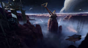 未來太空殖民地，在巨型行星下霧氣峽谷中的起重機和船隻。 — 昏暗 壁紙