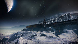 未來風格太空站於積雪外星山上，星空下可見行星 — 月光 壁紙